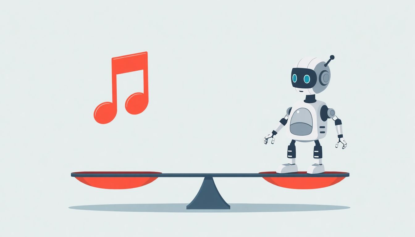 Illustrate a balance scale with a music note on one side and an AI robot on the other, symbolizing the tension between creativity and technology.