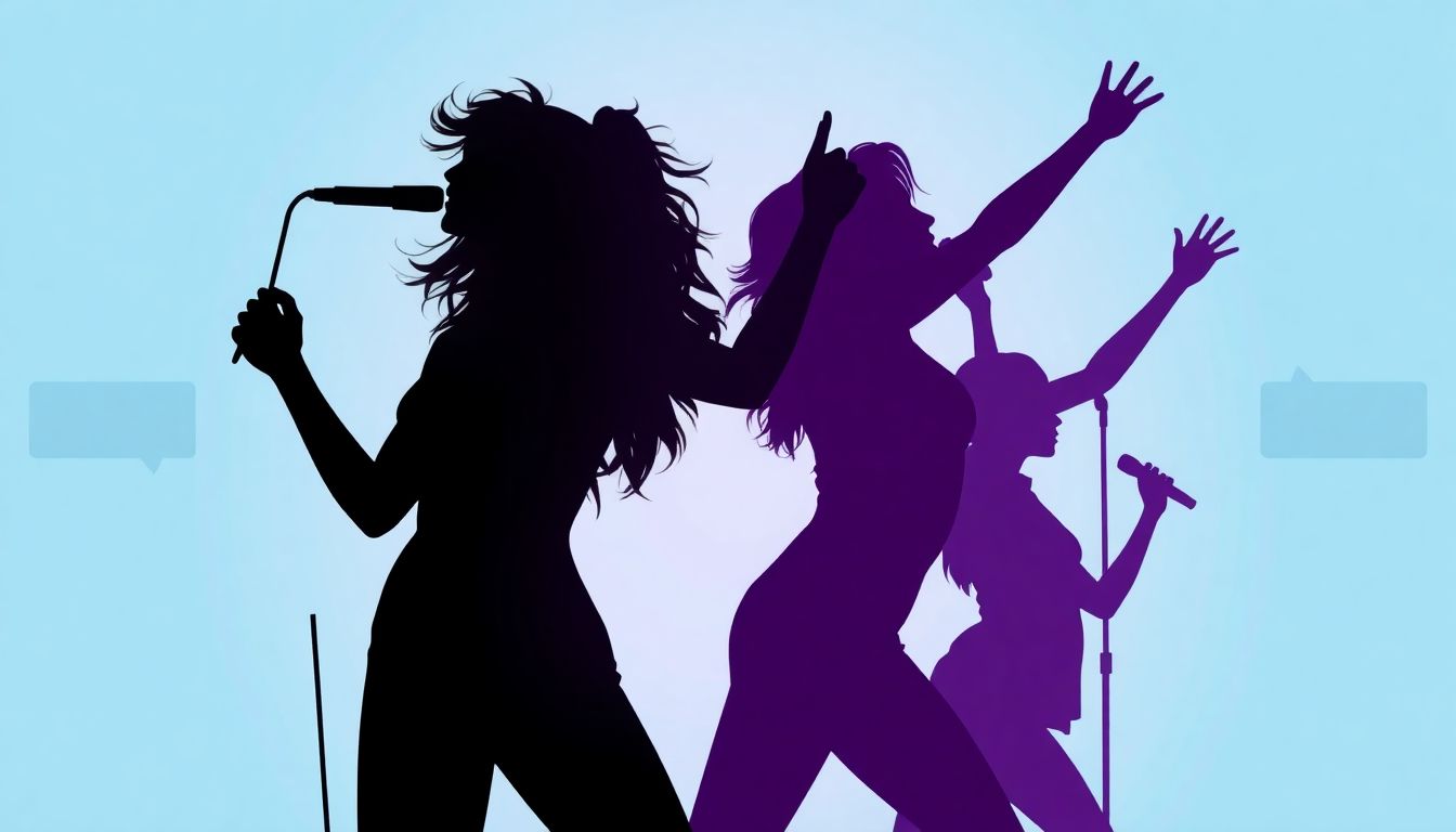 Design an image featuring silhouettes of powerful female artists performing, with streaming icons and chart positions surrounding them.