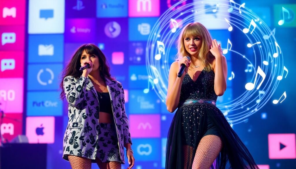 Create an image showcasing Charli XCX and Taylor Swift performing on stage with a backdrop of streaming icons and AI-generated music notes swirling around them, symbolizing the intersection of music and technology.