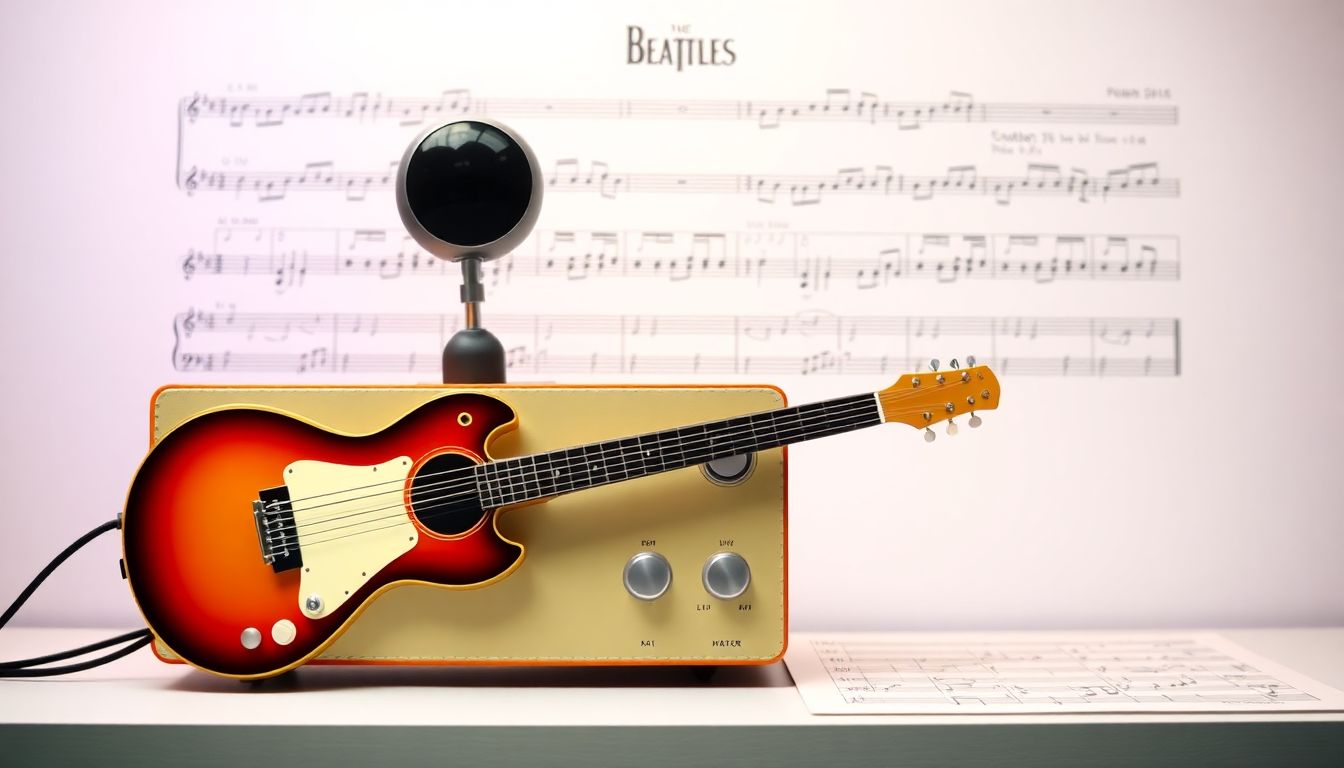 A Beatles-themed music player with a stylized AI algorithm linked to a digital music sheet