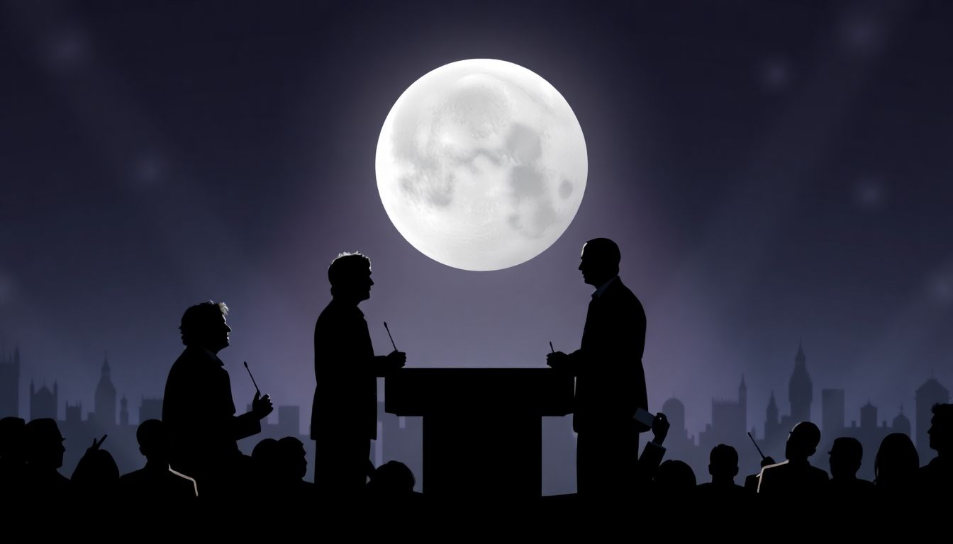 The Debate Heats Up A dramatic illustration of a parliamentary debate, with McCartney and Starr's silhouettes in the background.