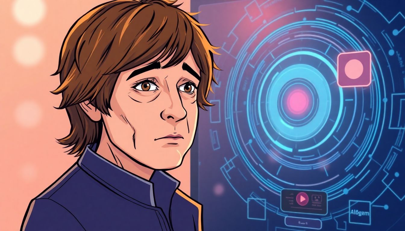 A Very Sad Thing Indeed An illustration of Paul McCartney standing beside a futuristic AI interface, with a concerned expression on his face.