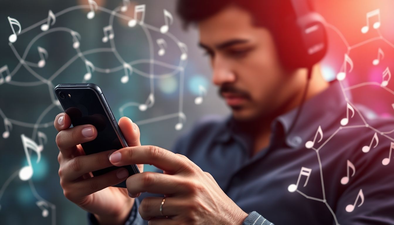 A person using a streaming service on a smartphone, surrounded by a web of interconnected music notes, algorithms, and headphones, representing the complexities of music discovery through technology.