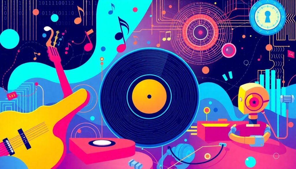 An illustration that combines elements of music (instruments, notes, vinyl records, headphones) with digital and AI elements (binary code, algorithms, neural networks, robots). The overall theme should be futuristic and vibrant, capturing the dynamic fusion of music and technology.