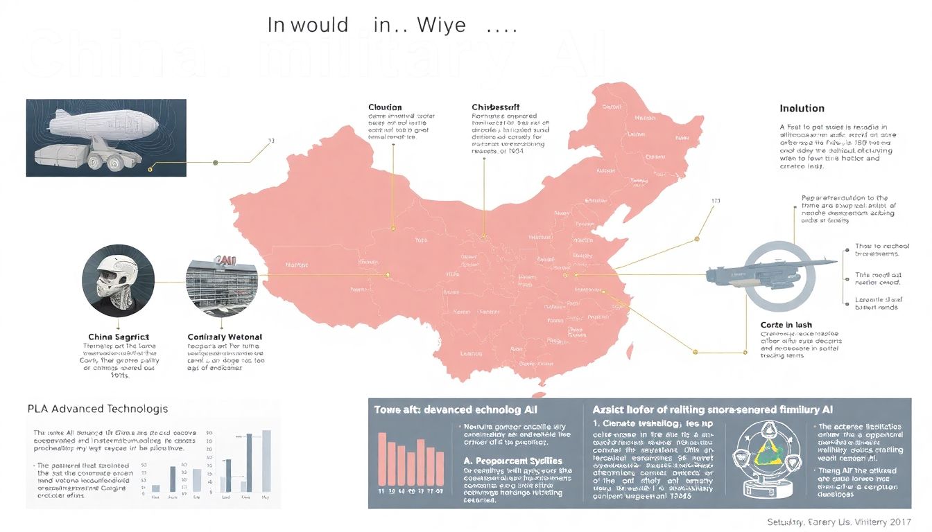 Generate an image depicting China's investment in military AI, showing advanced technologies and PLA involvement.