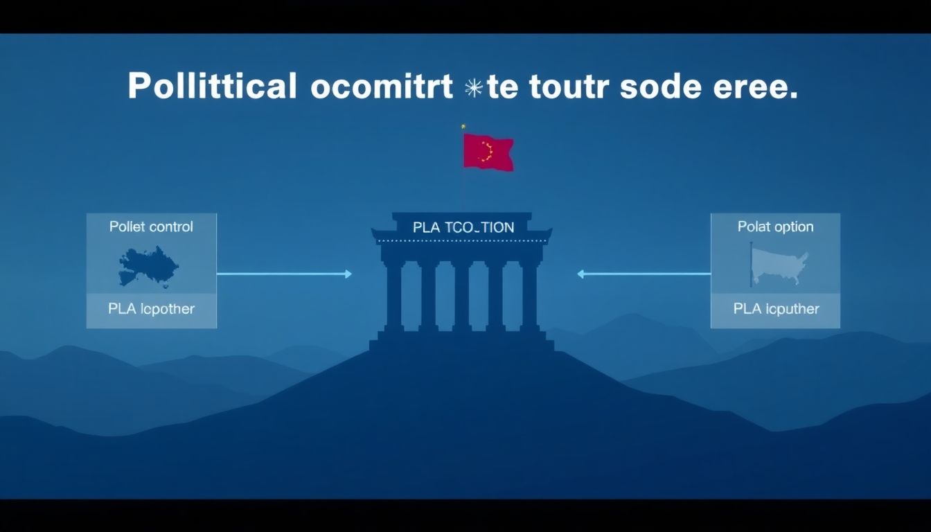 Design an image showing the political control over the PLA and the potential impacts on AI decision-making.