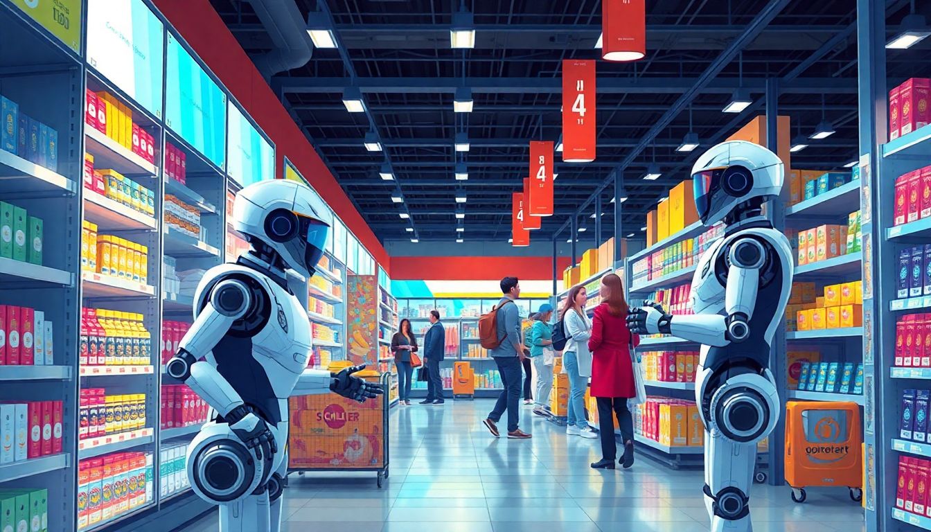 The Rise of AI Robots in Public Spaces Create an illustration of AI robots performing tasks in a bustling retail store, interacting with customers and assisting with inventory management.