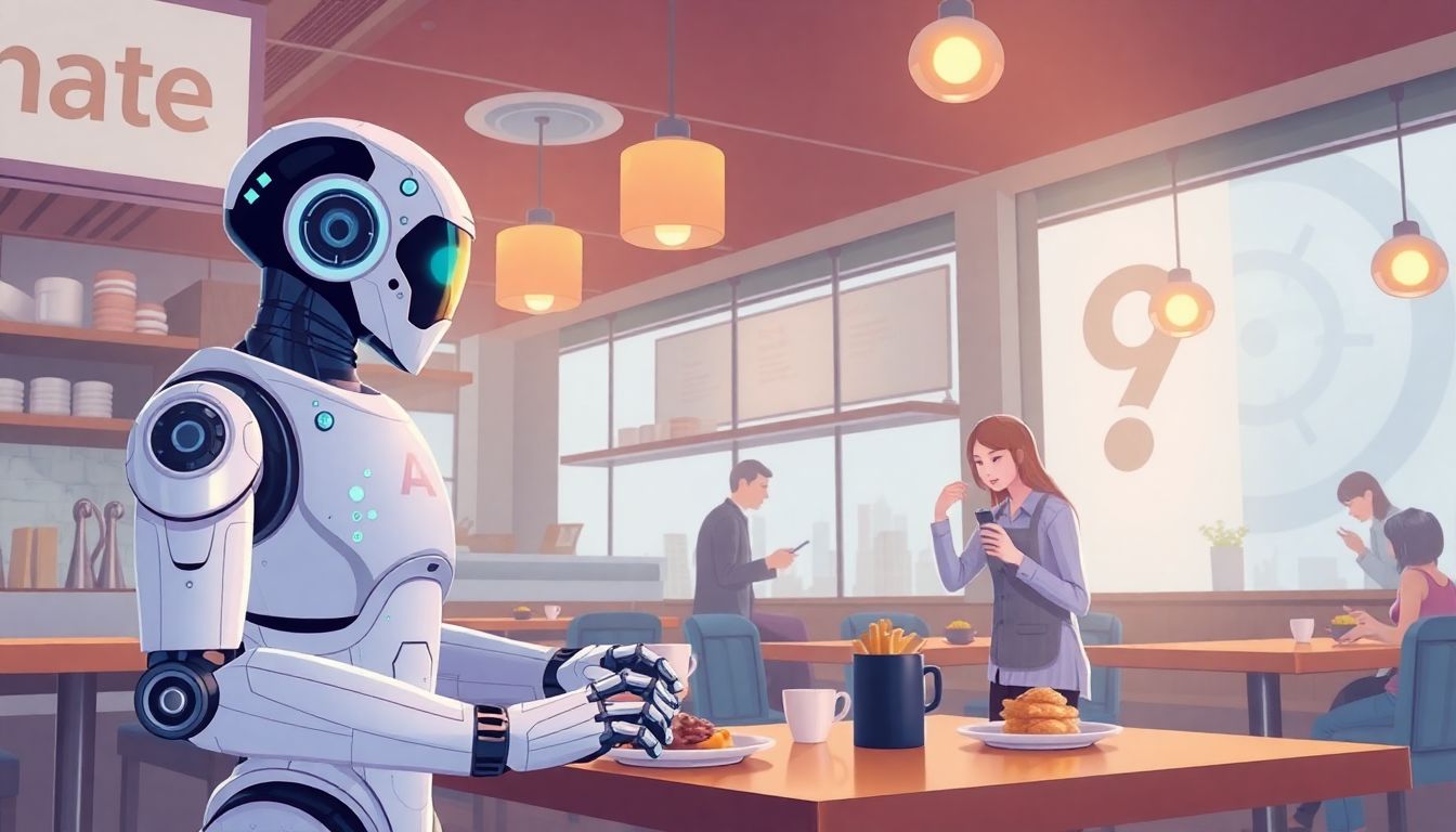The Future of AI Robots in Human Spaces Illustrate a futuristic scene where AI robots are seamlessly integrated into a restaurant, assisting with cooking, taking orders, and entertaining customers.