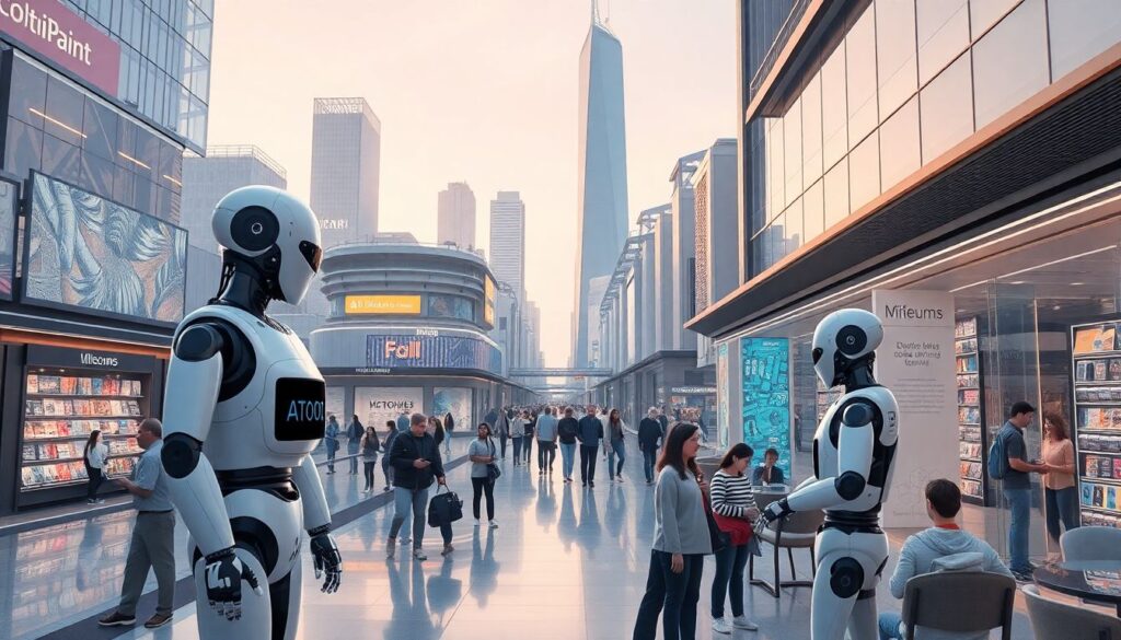 AI Robots Are Entering the Public World—With Mixed Results Generate an image of a futuristic cityscape where AI robots are integrated into various public spaces, such as retail stores, museums, and restaurants, interacting with humans in daily activities.