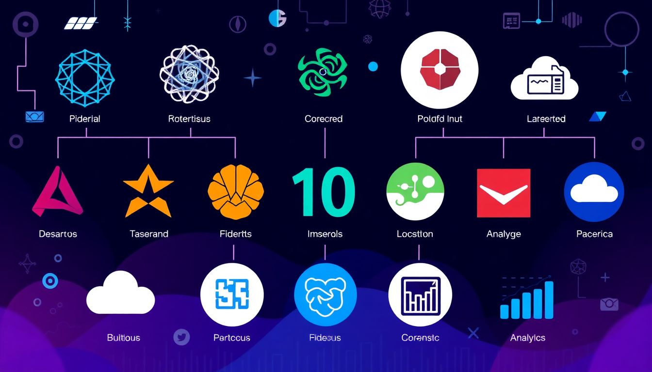 Create a vibrant infographic featuring the logos of the 10 tech stocks, surrounded by AI-related icons like neural networks, cloud computing symbols, and data analytics charts.