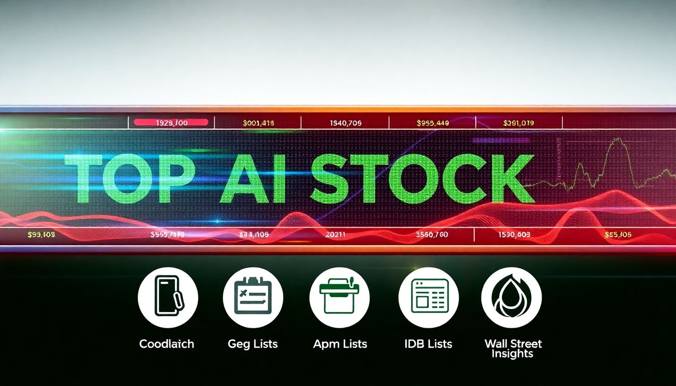 Design an image featuring a dynamic stock market ticker with the names of the top AI stocks scrolling across, along with icons representing different IBD lists and Wall Street insights.