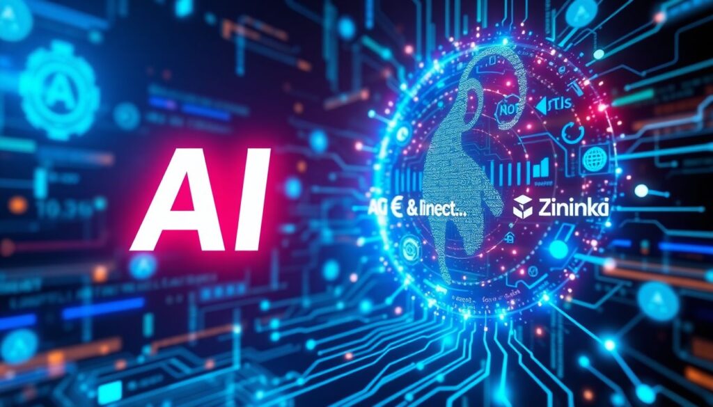 Create an engaging and dynamic image that captures the essence of the AI revolution in the tech industry, featuring futuristic elements, data streams, and prominent tech company logos.