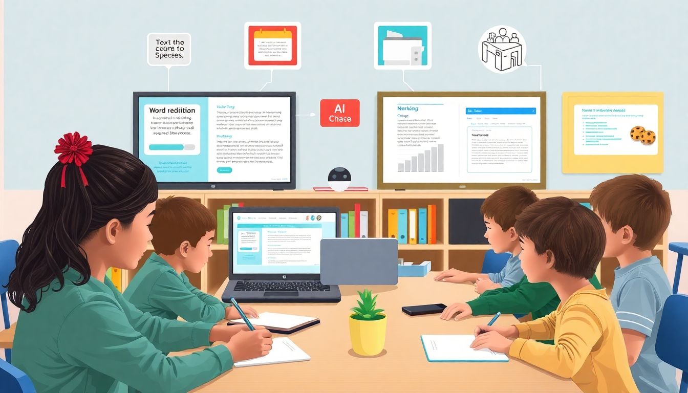 Illustrate a variety of AI tools such as text-to-speech devices, word prediction programs, and interactive learning software being used by students with different disabilities in a supportive classroom environment.
