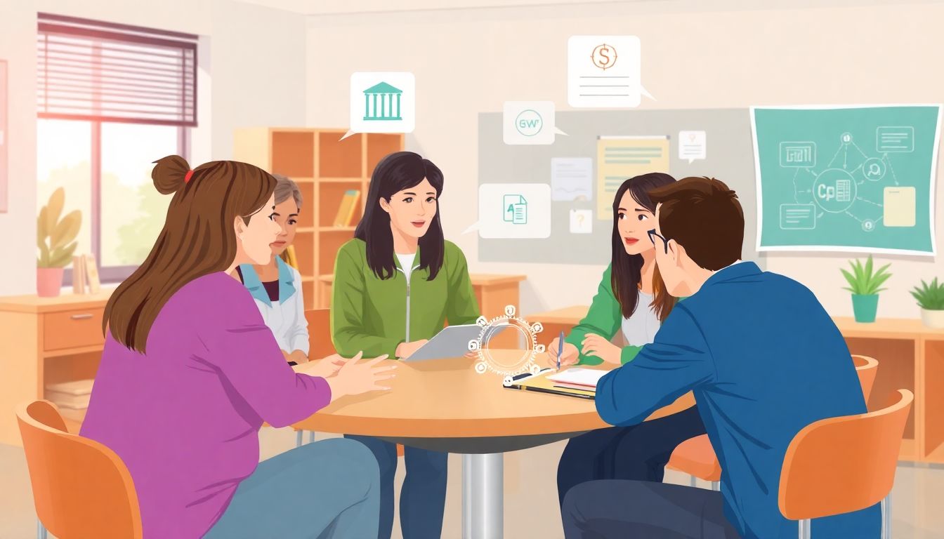 Depict a scene where educators and students are discussing the use of AI tools in a collaborative setting, with visuals of both the benefits and potential challenges of the technology.