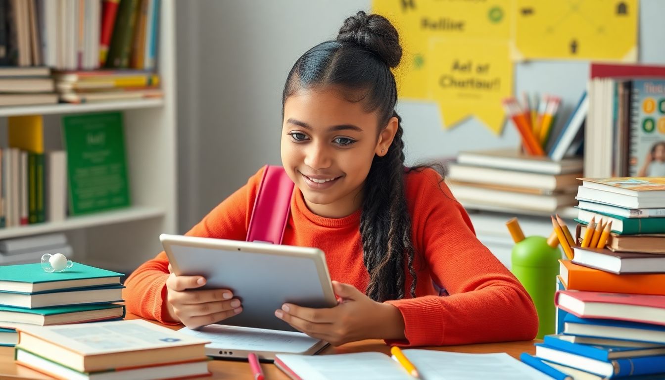 Create an image of Makenzie using a tablet with an AI-powered chatbot, surrounded by books and school supplies, looking confident and engaged in her studies.