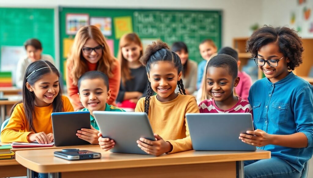 Generate an image of a diverse classroom setting where students with disabilities are using various AI-powered tools such as tablets, laptops, and assistive devices to engage in learning activities. The atmosphere should be vibrant and inclusive, with teachers and students collaborating and smiling.