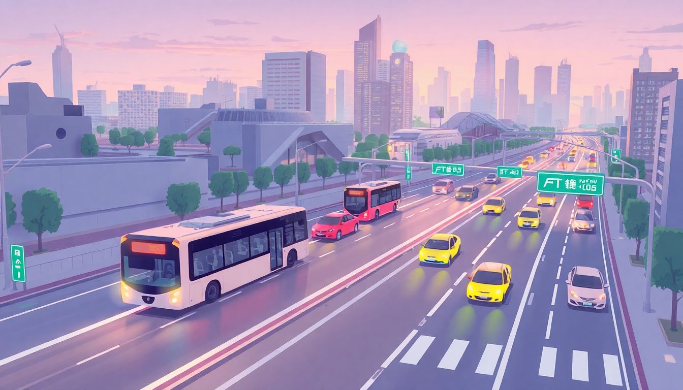 Illustrate a futuristic cityscape with autonomous buses and AI-controlled traffic systems, emphasizing a seamless and efficient flow of traffic.