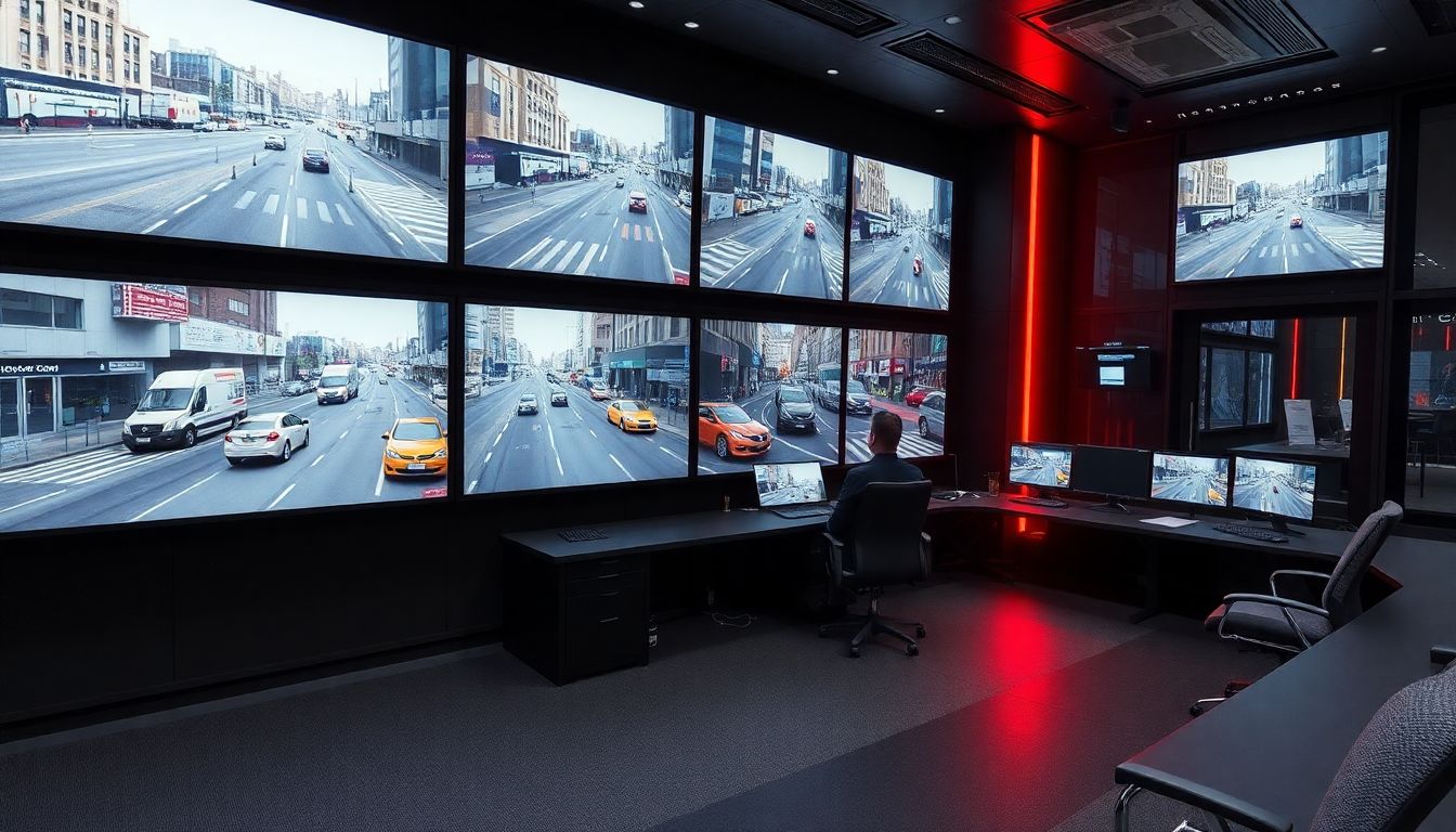 Create an image of a high-tech control room with screens displaying real-time footage of city streets, showing AI-detected violations and enforcement actions.