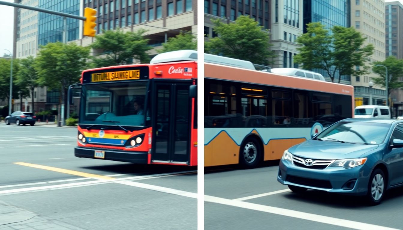 Generate an image of a city bus moving swiftly through a clear bus lane, contrasted with a scene of a car receiving a ticket for blocking the lane.