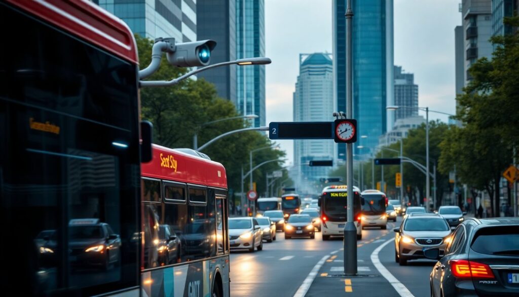 Generate an image of a bustling city street with buses and cars, highlighting AI-enhanced cameras mounted on buses and streetlights, with a futuristic and dynamic feel.