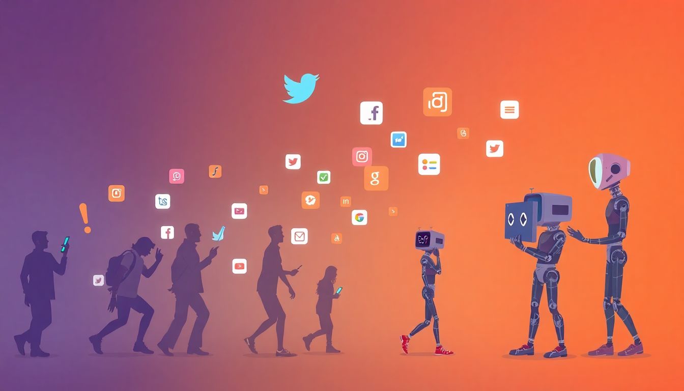 Create an image depicting the evolution of social media from user-generated content to algorithmically curated feeds, with AI characters adding a new layer of interaction.
