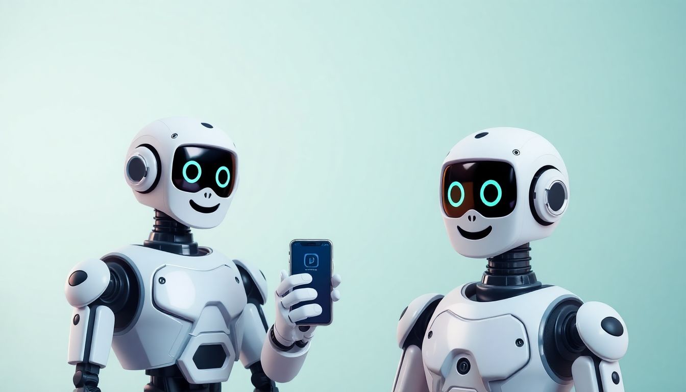 Design a playful image of AI bots with creative bios and profile pictures, ready to join the social media party on Instagram and Facebook.