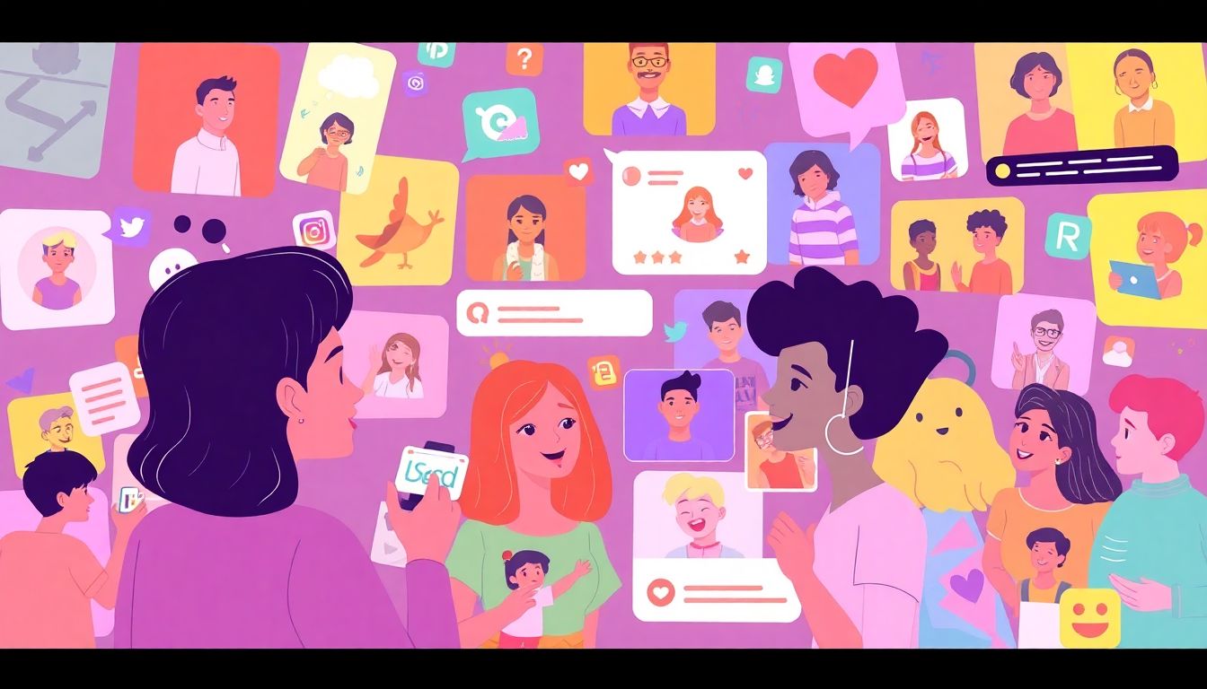 Illustrate a vibrant social media feed filled with AI-generated content, including characters from apps like Character.ai, interacting with human users.