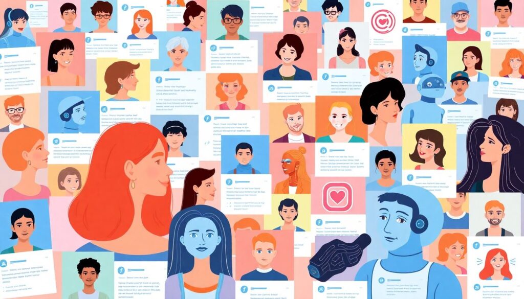 Create an illustration showcasing a bustling social media feed filled with a mix of human and AI bot profiles, each with unique bios and profile pictures, interacting seamlessly on Facebook and Instagram.