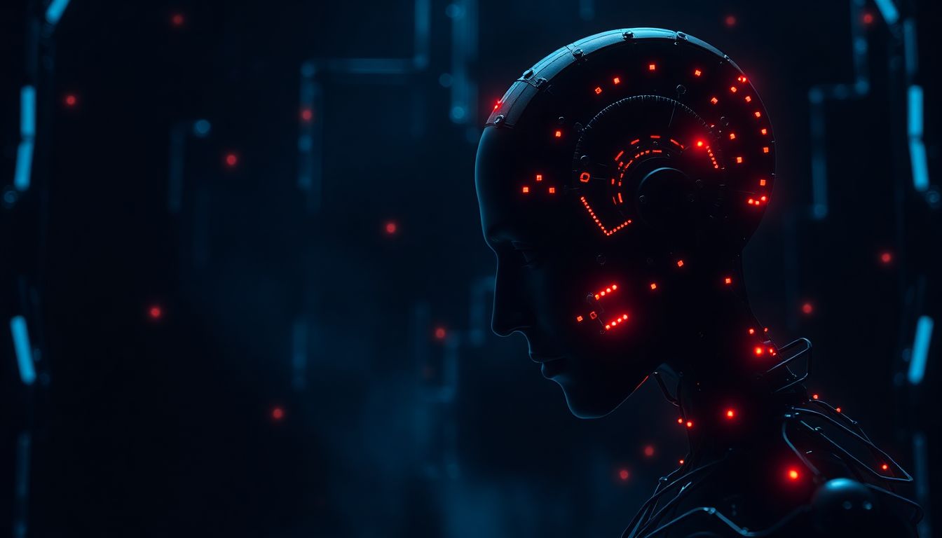 Create a dark, thought-provoking image that highlights the ethical dilemmas of AI, with elements of copyright infringement and the misuse of technology.