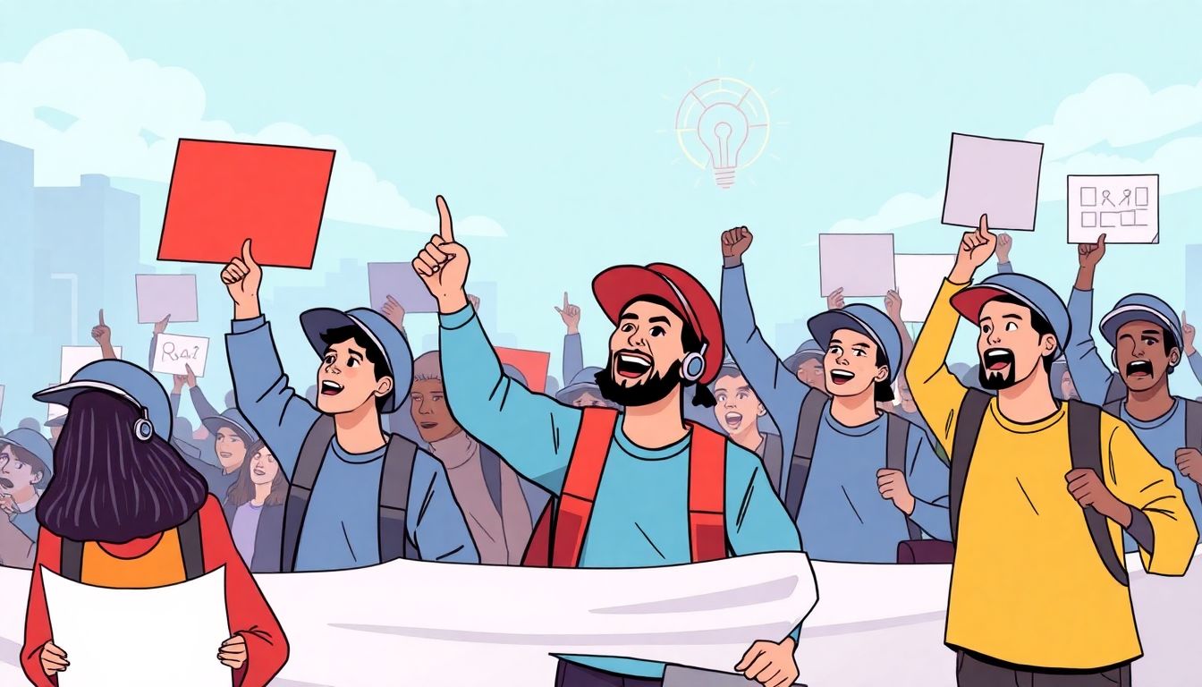 Illustrate a scene of gig workers protesting, with a prominent AI-driven data collection tool empowering their movement.