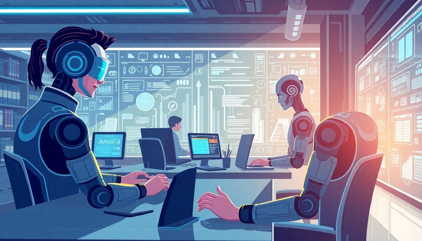 Illustrate a futuristic workplace where AI and humans work together, with a focus on the AI interfaces that make prompt engineering obsolete.
