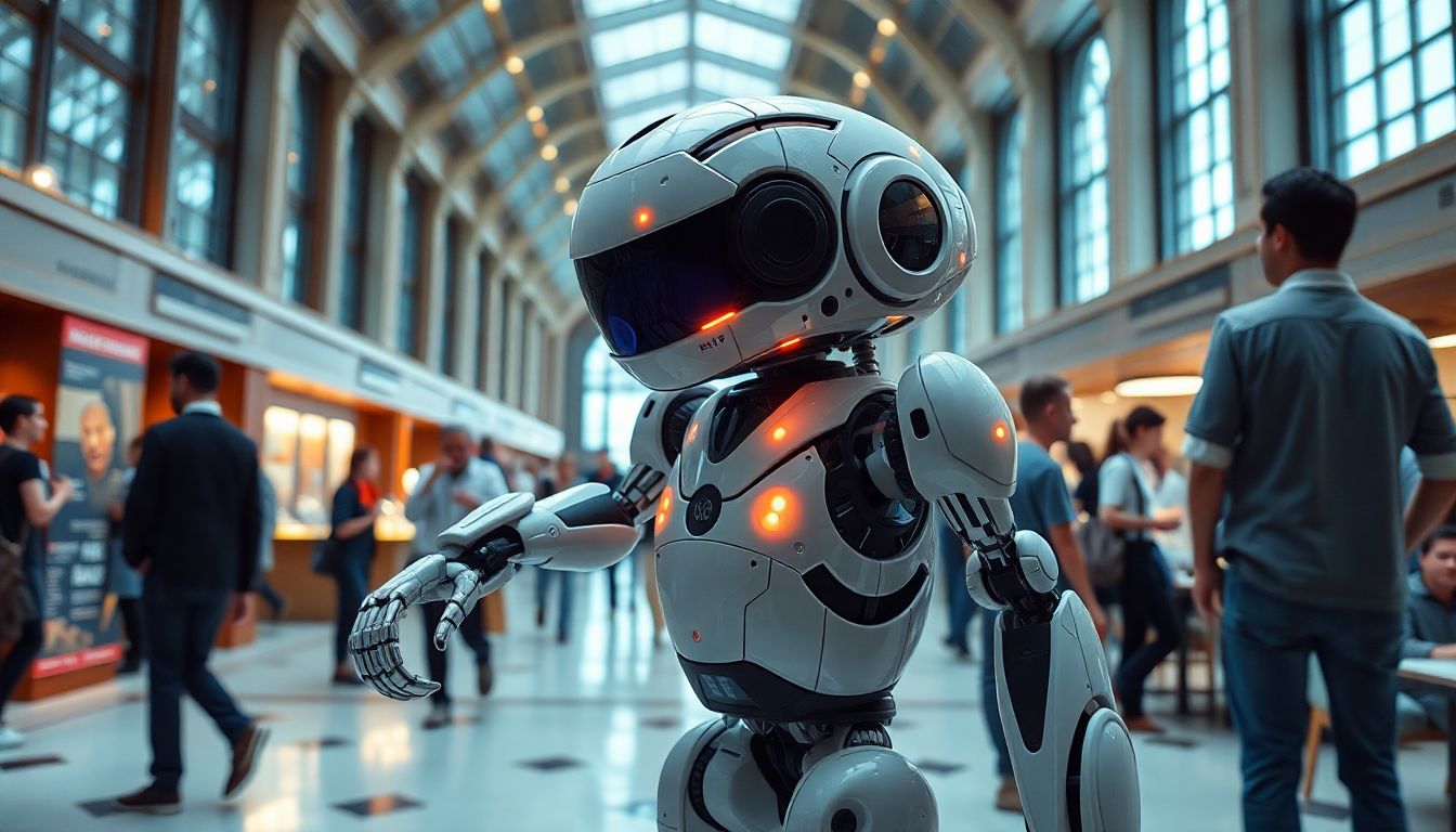 Design an image of a futuristic robot using generative AI to navigate a complex environment, such as a crowded museum or a bustling restaurant, interacting naturally with humans.