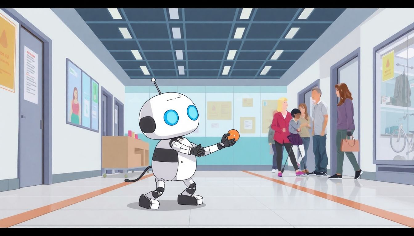 Illustrate a humorous scenario where a robot struggles with a simple task, such as navigating around obstacles or picking up an object, in a public setting like a hospital or retail store.