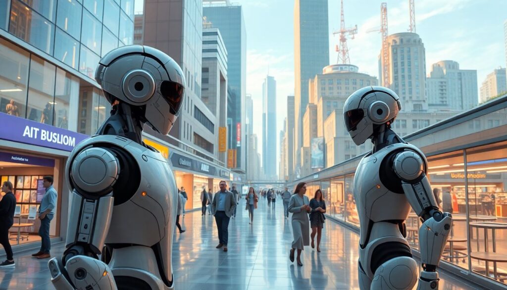 Generate an image of a futuristic cityscape where AI robots are integrated into various public spaces, such as retail stores, museums, and restaurants, interacting with humans in everyday scenarios.