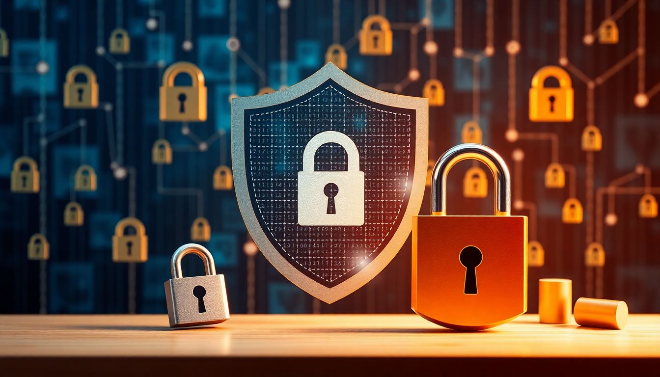 Create an image that represents data privacy, featuring shields and locks protecting personal information, with a focus on transparency and consumer rights.