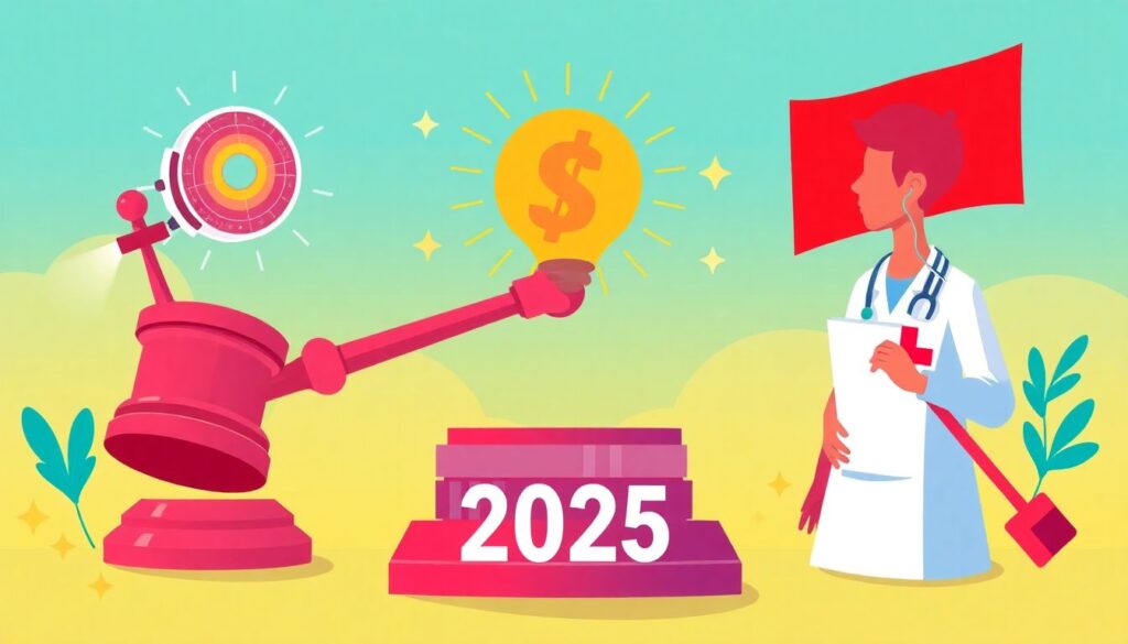 Create an illustration that captures the essence of the new laws for 2025, featuring elements of AI technology, educational fairness, and healthcare equality, all blended into a cohesive and vibrant image.