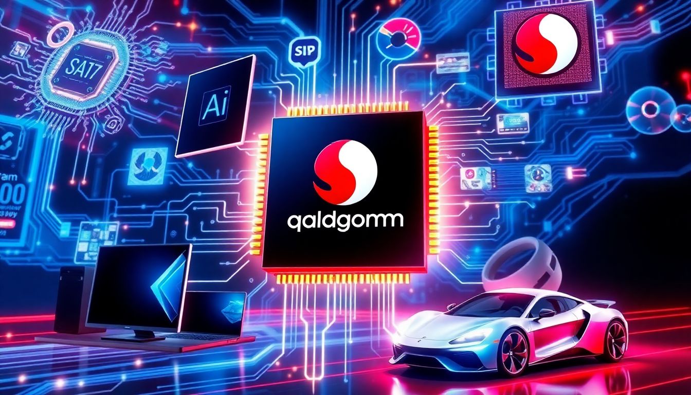 A dynamic image of Qualcomm's Snapdragon chips powering various devices, including smartphones, PCs, and futuristic cars, with a focus on the internal workings of the chips and the AI processes they enable.