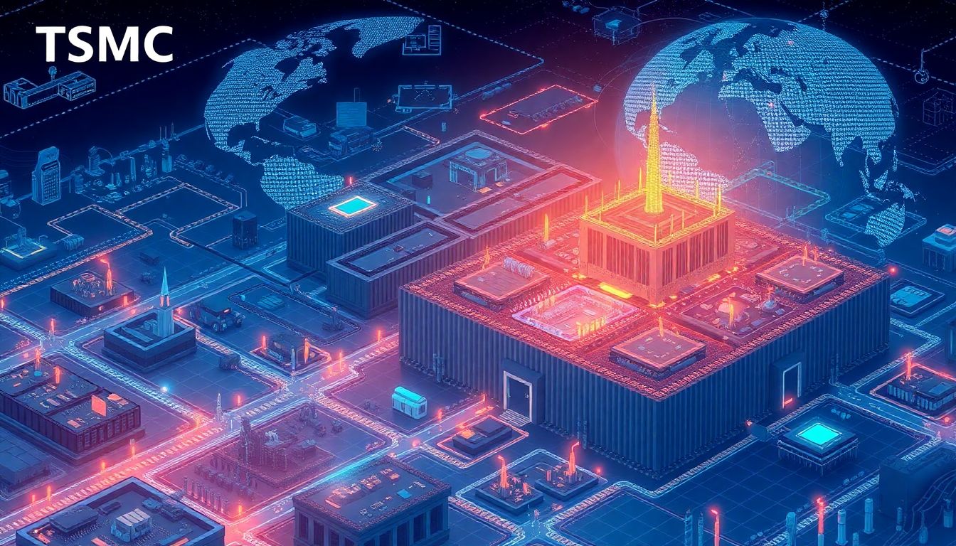 A detailed illustration of TSMC's advanced semiconductor foundries, showcasing the production of AI chips and the company's cutting-edge technology, set against a backdrop of global tech innovation.