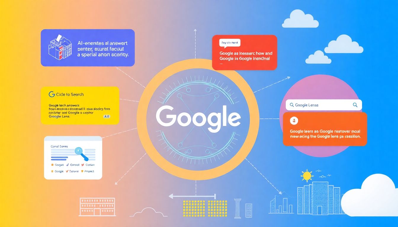 A vibrant illustration of Google's AI-driven search features, including AI-generated answers and visual search tools like Circle to Search and Google Lens, set against a backdrop of Google's data centers and cloud infrastructure.