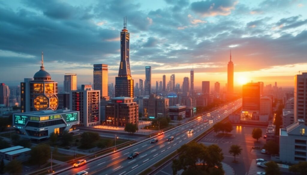 A futuristic cityscape with AI-driven technologies integrated into everyday life, such as self-driving cars, smart homes, and advanced robotics, with a prominent display of stock market charts and financial data.