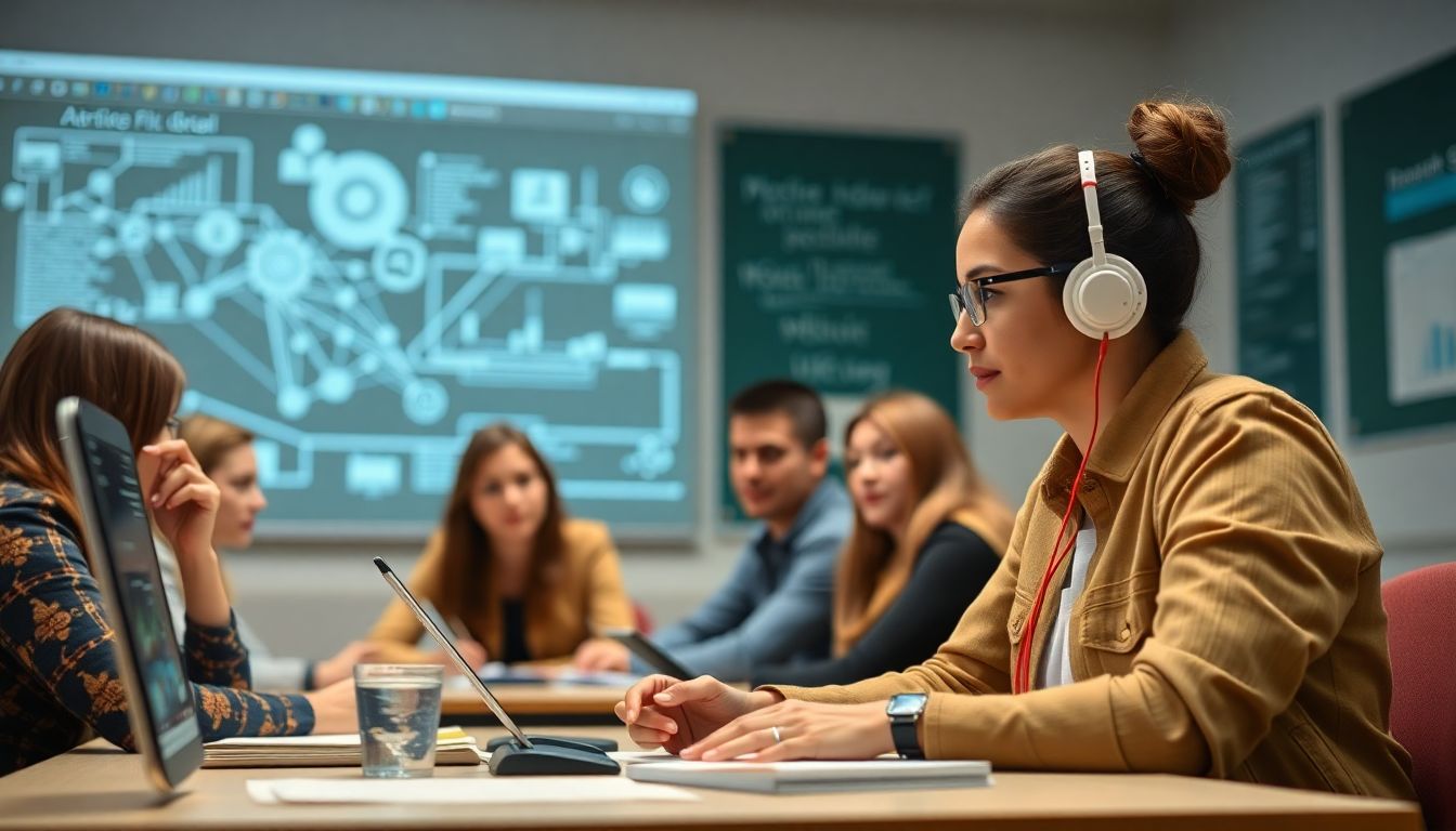 Create an image of teachers undergoing AI training sessions, with visuals of data science classes in action.