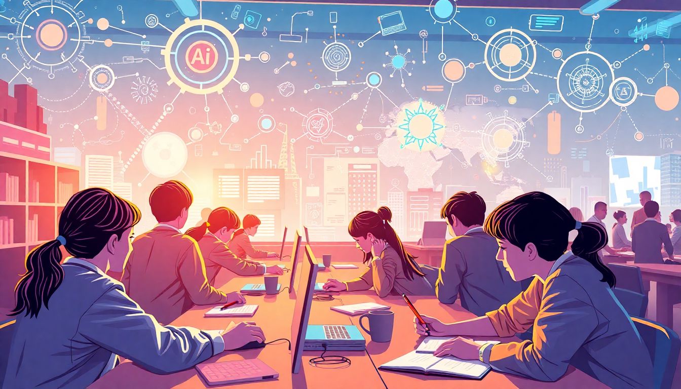 Illustrate a vision of the future where students are deeply engaged with AI and computer science, showcasing a vibrant and tech-savvy learning environment.