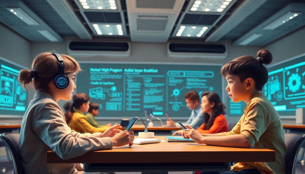 Generate an image of a futuristic classroom where AI technologies are seamlessly integrated, with students engaged in interactive learning experiences facilitated by AI tools.
