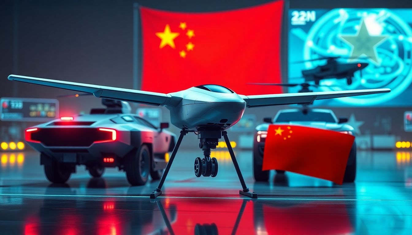 China's AI Military Ambitions Generate an image of advanced AI-enabled military technologies, such as drones and autonomous vehicles, with the Chinese flag and military insignia prominently featured.