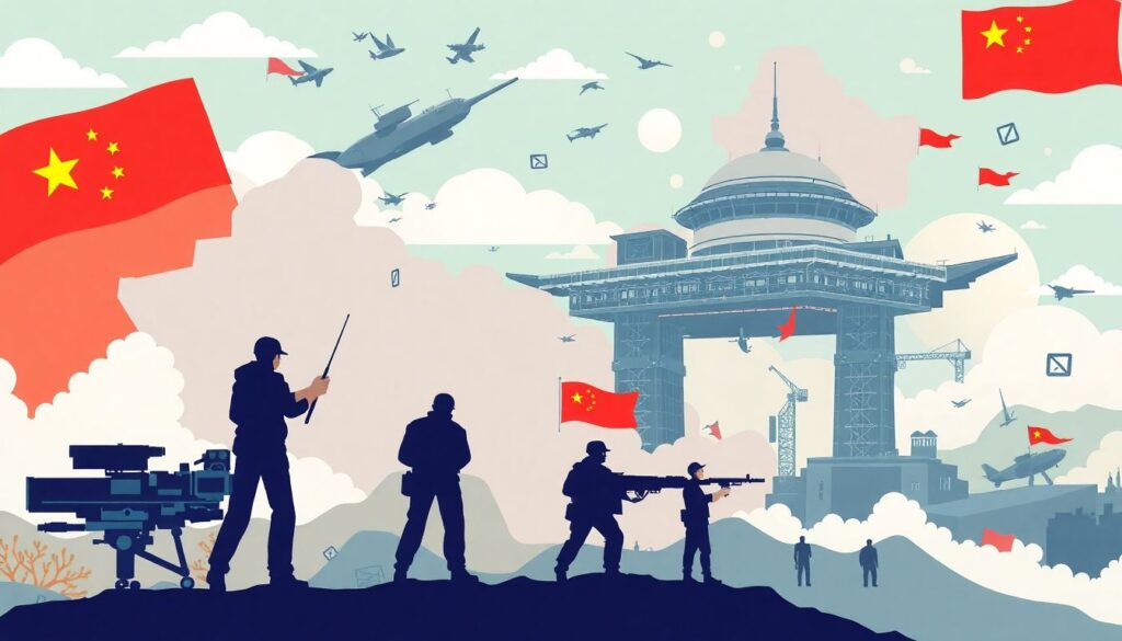 The Obstacles to China’s AI Power Create an illustration depicting the complex landscape of China's military AI ambitions, showcasing both the technological advancements and the political and organizational challenges they face.