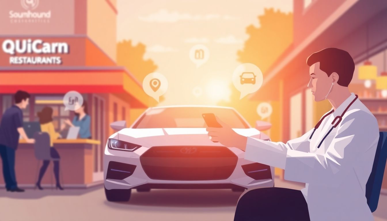 Create a visual that showcases SoundHound AI's conversational AI technology in action across different industries, such as quick-service restaurants, automotive, and healthcare.
