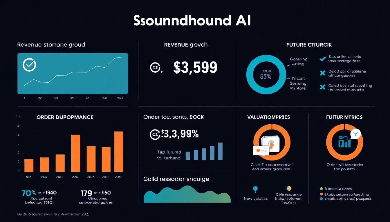 Design an infographic that summarizes SoundHound AI's financial performance, including revenue growth, order backlog, and valuation metrics. Include visuals that highlight the company's future outlook and potential challenges.