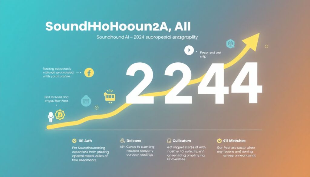 Create an engaging image that showcases SoundHound AI's exponential stock growth in 2024, highlighting key milestones and the company's expanding reach across various industries.