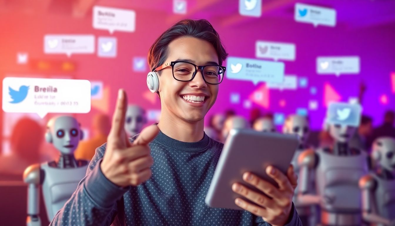 The Potential Impact on User Engagement A social media user happily interacting with AI bots, receiving likes, comments, and gaining followers rapidly