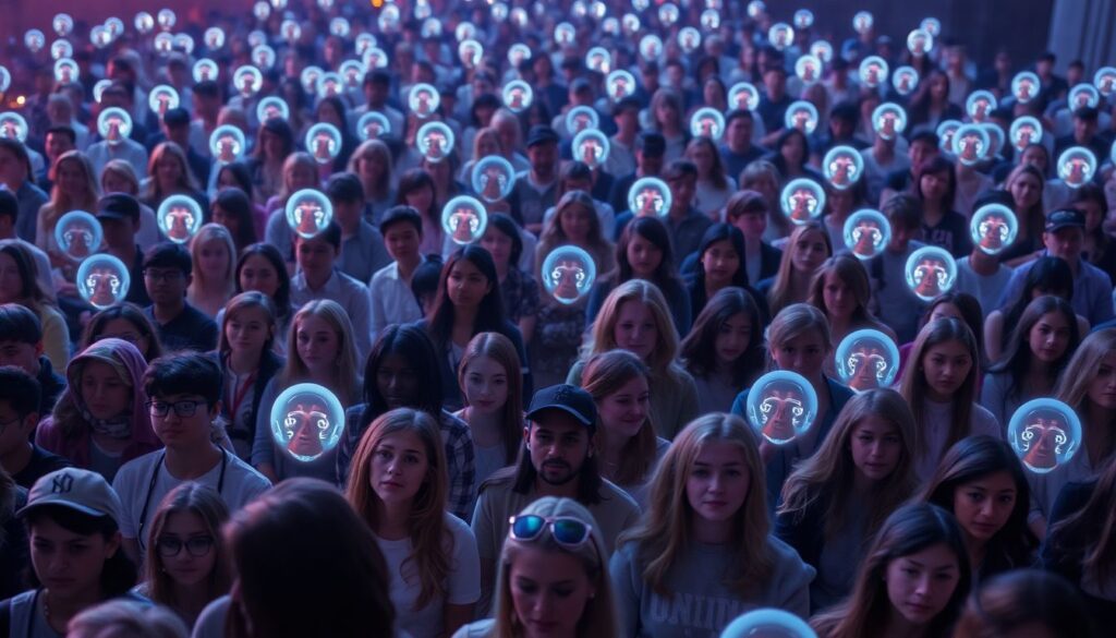 Meta’s Grand Plan: Unleashing AI Bot Profiles in its Apps A modern social media platform with millions of user profile avatars, but each one has a glowing AI icon next to their profile picture